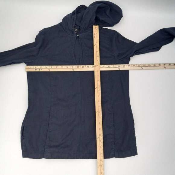 Talbots Pure Irish Linen Boxy Lagenlook Navy Blue Hooded Shirt Relaxed Artsy S - Picture 9 of 9